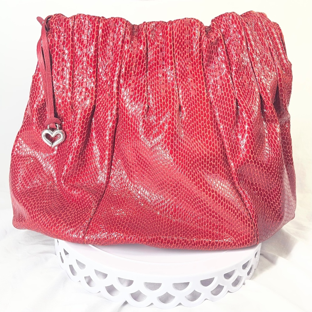 Brighton Red Patent Leather Mock Snakeskin Shoulder Bag, Signature Heart Charm